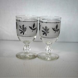 Vtg MCM Libbey Glasses Stemmed Wine Water Goblets Silver Leaf Frosted Set of 2